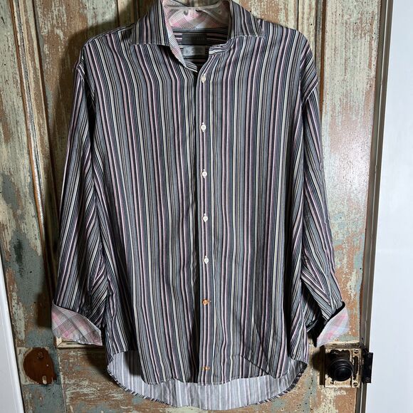 Thomas Dean Men's Shirt L Multicolor Striped Long Sleeve Button Up Collared - Picture 1 of 6